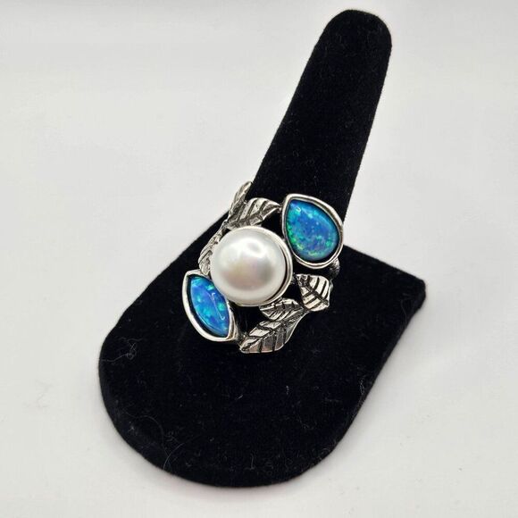 Didae Shablool 925 Sterling Silver Israel Blue Fire Opal Ring Size 7 Pearl - Picture 2 of 6